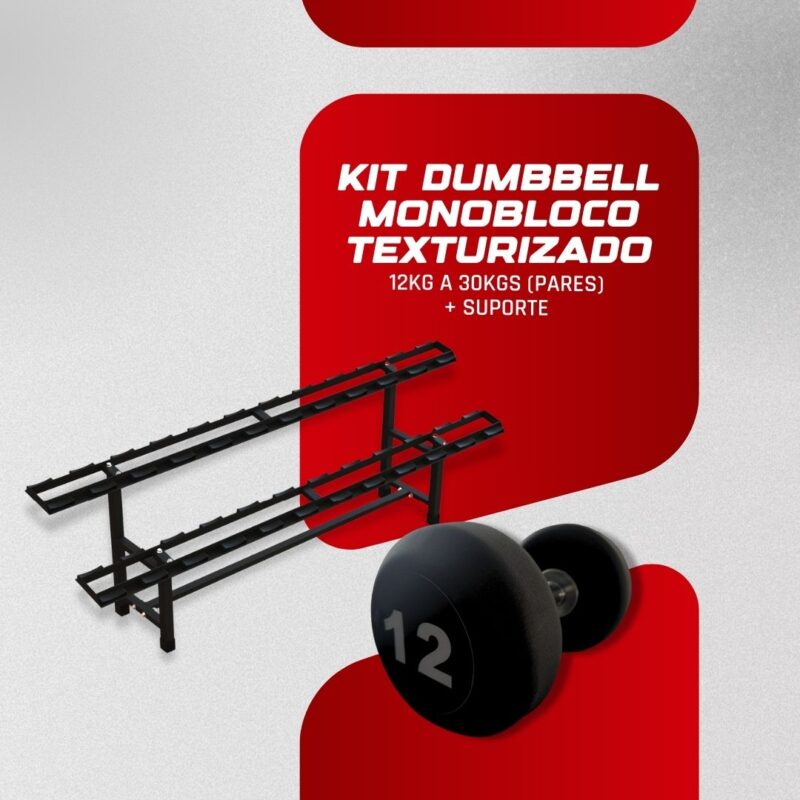 Kit Dumbbell Monobloco Texturizado - 12 a 30kg + Suporte