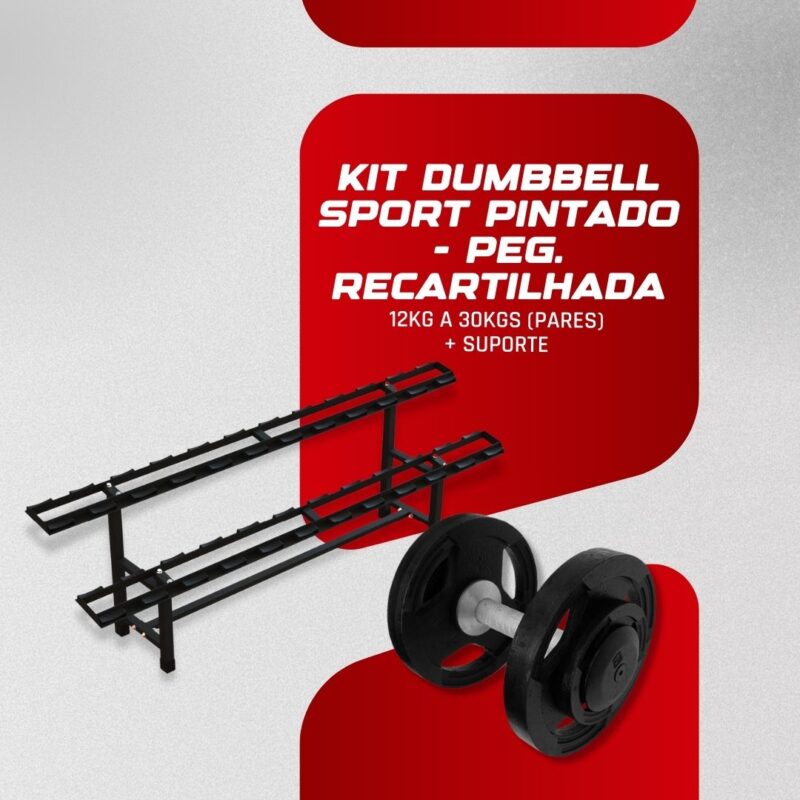 Kit Dumbbell Sport Pintado Pegada Recartilhada - 12 a 30kg + Suporte