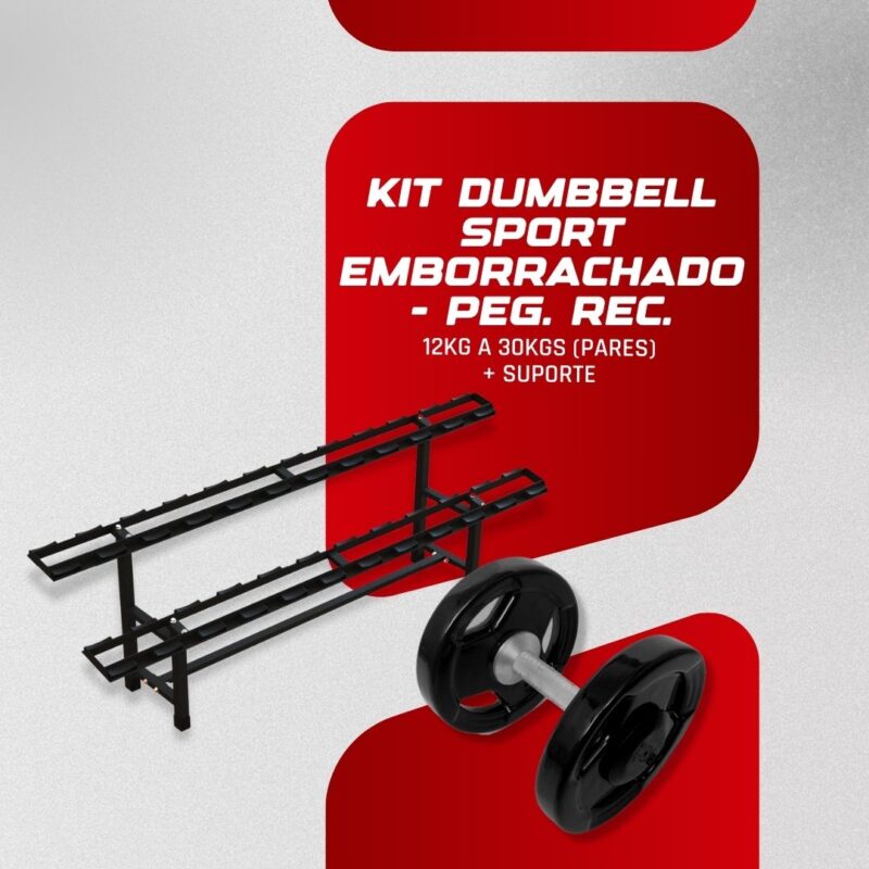 Kit Dumbbell Sport Emborrachado Pegada Recartilhada - 12 a 30kg + Suporte