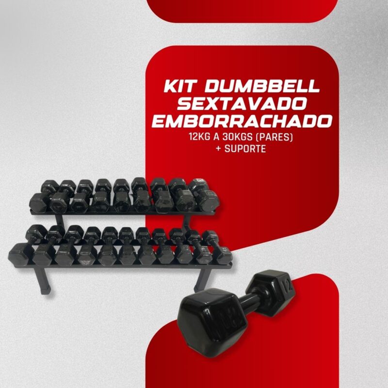 Kit Dumbbell Sextavado Emborrachado - 12 a 30kg + Suporte